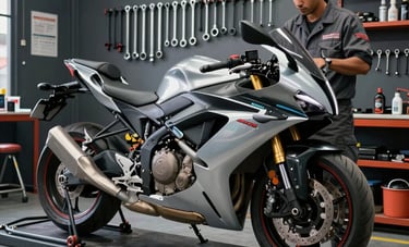 Professional wide shot of a motorcycle repair station in Brazil. A modern sport motorcycle is on a lift, being serviced by a mechanic in a charcoal gray uniform. The workshop is organized with silver tools against a dark gray wall.