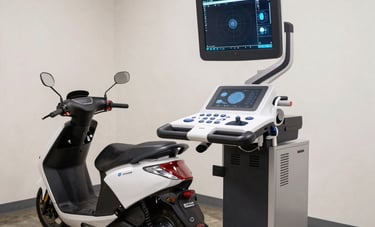 Detailed photography of a high-tech digital diagnostic scanner connected to a modern scooter. The setting is an efficient, modern South American service center with off-white walls and polished concrete floors. The composition is clean and technical.