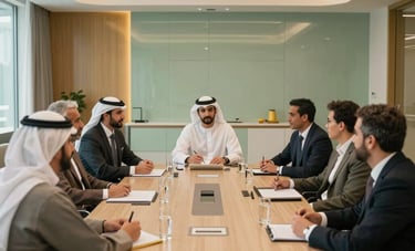 A wide shot of a modern, bright conference room where professional entrepreneurs in Middle Eastern business attire are collaborating. Warm gold and sage green color accents are visible in the decor, exuding success and inspiration.