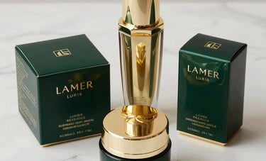 Luxury skincare collection displayed on a white marble surface. The lighting is soft and golden, highlighting the elegant packaging. Elements of dark green and gold reflect the brand's sophisticated aesthetic.
