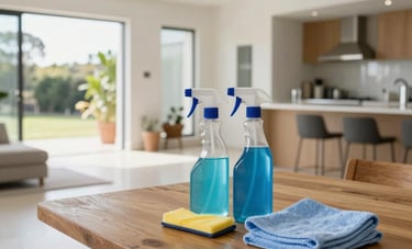 Wide shot of a spacious open-plan Australian home. A professional cleaning kit with spray bottles and microfiber cloths sits on a clean wooden table. Bright, fresh atmosphere.