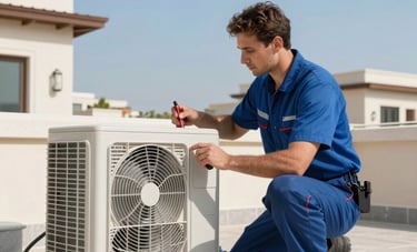 A professional HVAC technician checking an air conditioning unit on a villa rooftop in Cedre Villas, Dubai, bright daylight, clear blue sky, focus on reliability and modern tools, Middle Eastern / Gulf residential architecture.
