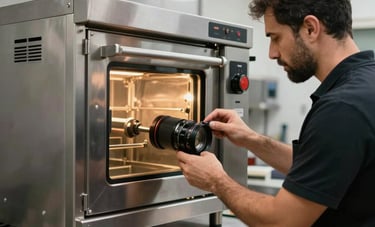 A technician in a professional workspace repairing a stainless steel commercial oven, cinematic lighting, modern industrial kitchen setting in the Middle Eastern / Gulf region, clean and efficient atmosphere.
