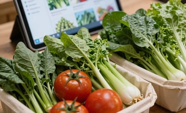 Close-up of vibrant organic vegetables like tomatoes and leafy greens in eco-friendly packaging on a wooden surface. In the background, a tablet displays a digital marketing dashboard. Southeast Asian / Indonesian market context, professional lighting, colors of off-white and dark green.