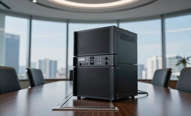 A sleek conference room in a North American corporate skyscraper, featuring high-end telecommunications hardware and soft sky blue ambient lighting, reflecting innovation and trust.