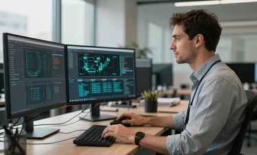 A professional North American / US IT specialist in a sleek, modern office setting, working on an array of high-resolution monitors displaying network security data, soft natural lighting.