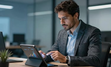 A focused South American Brazilian executive in a smart casual business outfit analyzing growth charts on a digital tablet in a professional corporate setting with blue lighting.