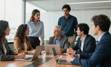 A collaborative group of South American Brazilian marketing experts discussing strategy in a glass-walled meeting room, bright natural light, professional and innovative atmosphere.