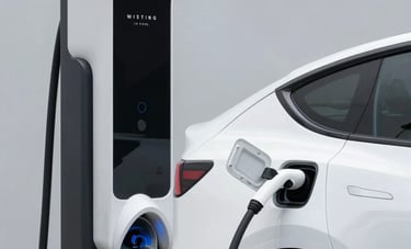 A white high-end electric vehicle charging at a modern station in a North American city. Minimalist and sophisticated composition with soft, diffused lighting and clean steel blue accents.