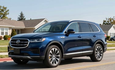 A dark blue premium SUV driving on a clean suburban North American road. The composition is a dynamic three-quarter view showing efficiency and power. Bright, clear daylight and sharp focus.