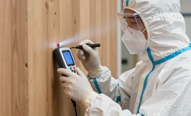 Professional photography of a North American restoration expert in a protective white suit using a digital moisture sensor on a wood-paneled wall. Reliable and expert mood, soft indoor lighting.