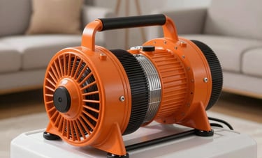 Close-up photography of professional high-velocity orange air movers and a white industrial dehumidifier working in a modern North American living room. Clean, technical focus on high-quality equipment.