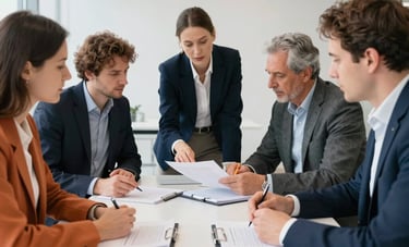 A professional meeting in a bright, modern office in Central Europe. Experts are reviewing policy documents on a clean white table. The atmosphere is professional and trustworthy, with accents of orange and deep navy in the decor.