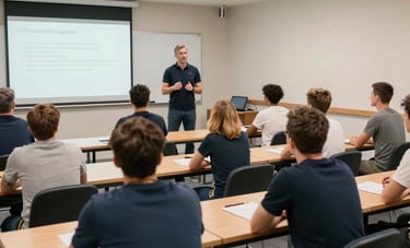 A medium shot of a professional training seminar in a modern European classroom. Adult sport professionals are engaged in learning about child protection. The lighting is bright and clean, reflecting an institutional but warm mood.