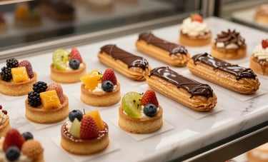 Exquisite French pastries, including colorful fruit tarts and chocolate eclairs, elegantly displayed on a white marble counter in a French patisserie. Soft, welcoming lighting emphasizing natural colors.