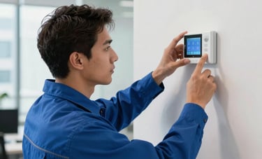Professional HVAC technician in a blue uniform using digital tools to calibrate a smart thermostat on a white wall in a modern Miami office. The lighting is crisp and natural, highlighting technical expertise and advanced climate control technology.