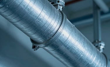 Macro photography of air purification technology inside a clean duct system. Cool blue lighting highlights the silver textures and the absence of dust, representing high indoor air quality and technical maintenance in a North American / US / Miami setting.