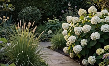 A beautifully landscaped British garden featuring a small stone path, ornamental grasses, and blooming hydrangea bushes, structured but natural aesthetic, afternoon golden hour light, Europeu / Britânico style, using dark green and off-white palette.