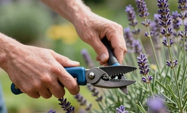 A close-up of a gardener's hands (Europeu / Britânico) pruning a lavender bush in a sunny English garden, vibrant colors, shallow depth of field, natural lighting, featuring medium green and brown shades.