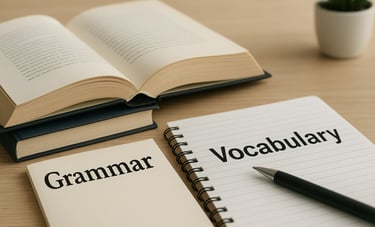 Two notepads labelled grammar and vocabulary to represent improving English