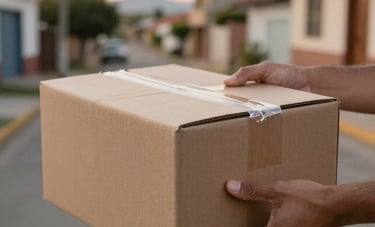 Close-up of a secure, well-packaged cardboard box being handed over with care. The background shows a soft-focus South American residential street under a warm sunset glow.