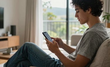 A relaxed person sitting in a modern South American living room, comfortably using their phone to track an order. The space is clean and filled with natural light from a balcony window.