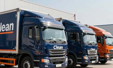 Clean, modern delivery trucks branded in navy blue and orange lined up at a logistics distribution hub, bright daylight, International Business context, symbolizing speed and reliability.