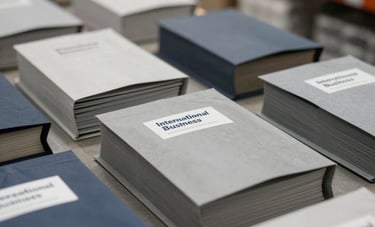 Close-up of high-quality packaging materials and industrial wholesale goods organized in a professional warehouse, neutral grey and navy blue color palette, International Business setting.