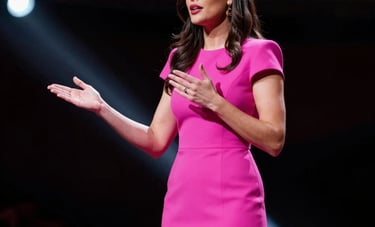 Photography of an elegant woman speaking on a stage in a North American theater. She wears a brilliant hot pink dress, looking fearless and chic under professional white stage lights.