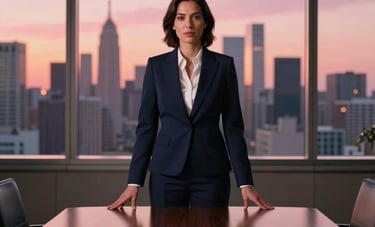 A sophisticated North American boardroom with a view of a US city skyline. A woman in a sharp navy suit stands at the head of the table, illuminated by a warm pink sunset light.