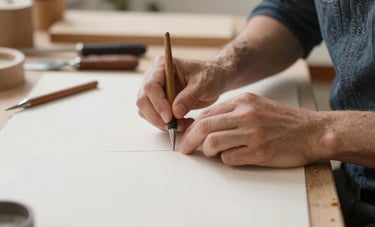 Professional photography of an artisan's workshop in the Lot region, France. Hands carefully working on a project with traditional tools, illuminated by soft natural light. The aesthetic is modern, clean, and emphasizes premium quality.