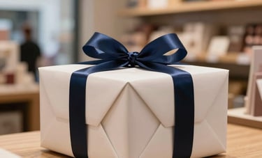 A close-up shot of a beautifully wrapped gift box with a navy blue ribbon on a wooden retail counter, soft bokeh background of a modern Brazilian gift shop, professional lighting.