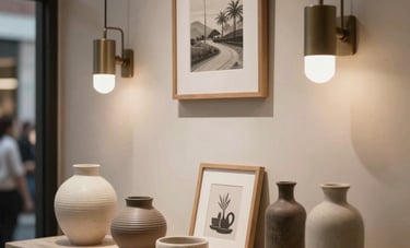 A sophisticated interior display in a South American boutique, featuring minimalist decorative vases, frames, and modern lighting fixtures, professional retail photography, elegant and credible style.