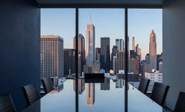 A wide-angle shot of a minimalist consultancy office in a US metropolitan area. A dark glass table reflects a panoramic view of the city skyline during blue hour. The interior is decorated in dark navy and steel blue tones.