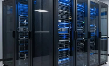 An architectural shot of a modern data center hub in North America. Sleek server racks are visible through glass, bathed in deep navy and steel blue lighting. The composition is symmetrical, emphasizing precision.