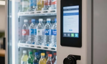 A close-up photograph of a state-of-the-art cold drink vending machine featuring a digital touch screen and glass front, stocked with bottled water and sodas in a modern US workplace setting.