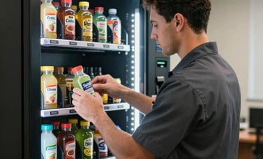 A professional service technician in a dark charcoal uniform carefully stocking fresh products into a vending machine at a San Antonio, Texas corporate office, daytime lighting, reliable service theme.