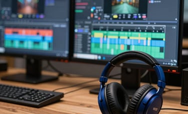 Close-up photography of a professional video editing workstation in a clean North American &amp;#x2F; US studio. The monitors show detailed video timelines with vibrant colors, and professional steel blue headphones sit nearby on a sleek wood desk.