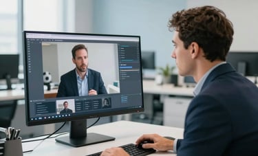 A high-end, bright North American &amp;#x2F; US corporate workspace with a professional engaging in a successful digital consultation on a large monitor. The scene reflects a premium, trustworthy atmosphere with white furniture and light blue decor.
