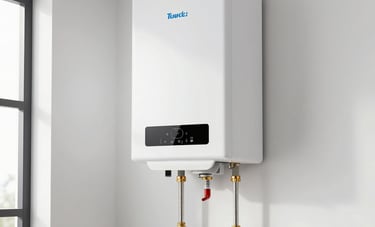 A modern tankless water heater professionally mounted on a clean white wall in a tidy North American utility room. Bright, high-quality photography showing clean installation.