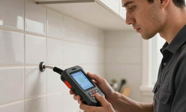 A focused plumbing technician in a North American suburban kitchen using a high-tech electronic leak detection tool against a tile wall. Modern aesthetic, expert service context.