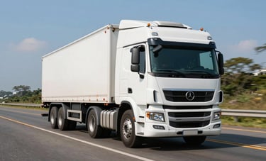 A modern white heavy-duty truck driving on a well-maintained Brazilian highway under clear daylight. The photography is sharp, capturing the movement and the professional quality of the fleet. Colors are natural with blue sky.
