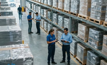 A high-angle interior shot of a clean, large warehouse in Brazil. Workers in professional attire are using tablets to manage inventory. The composition is modern with light blue and grey tones, emphasizing efficiency.