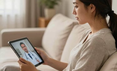 A patient in a comfortable Brazilian living room setting, holding a tablet and talking calmly to a specialist doctor on screen, warm natural light, feeling of relief.