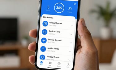 Close up of a hand holding a modern smartphone in a South American / Brazilian home showing a clean medical dashboard app with professional blue and white interface.