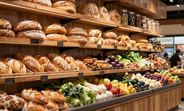 Interior of a modern South American food market with warm wooden shelves, high-end design, artisanal breads and vegetables displayed, soft commercial lighting, authentic and professional vibe.