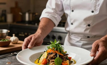 Professional food styling session in a South American Brazilian kitchen, a chef plating a colorful dish with fresh herbs, high-end photography lighting, rustic yet sleek environment.