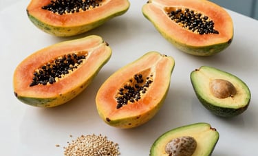 Professional high-angle photography of colorful Brazilian superfoods, like papaya, avocado, and grains, arranged on a bright, clean kitchen surface. The lighting is airy and natural, emphasizing freshness and health. Minimalist South American style with white and soft blue gray accents.