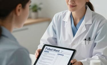 A close-up photograph of a nutritionist and a patient having a warm, empathetic conversation in a modern South American clinic. The professional is showing a personalized meal plan on a tablet. The scene is lit with warm, soft light, highlighting a supportive and caring relationship. Palette of light blue gray and white.