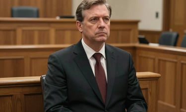 An authoritative photograph taken in a traditional North American courtroom setting. A wooden judge's bench and jury box are visible in the background with soft, respectful lighting creating a sense of gravity.
